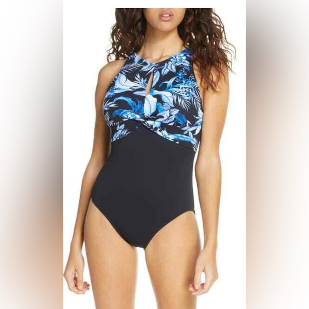 Tommy Bahama Black and Blue Floral One Piece Keyhole Swimsuit